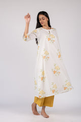 White Floral Hand Block Printed Cotton Flared Kurta