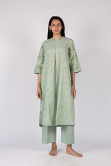 Green Hand Block Printed Cotton A-Line Kurta