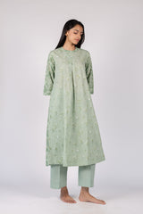 Green Hand Block Printed Cotton A-Line Kurta