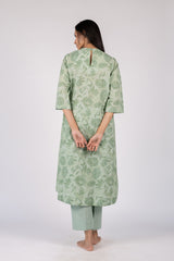 Green Hand Block Printed Cotton A-Line Kurta