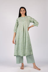 Green Hand Block Printed Cotton A-Line Kurta