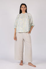 Floral Print Cotton Mandarin Collar Top