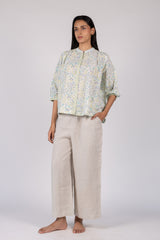 Floral Print Cotton Mandarin Collar Top