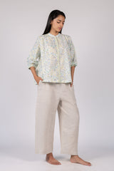 Floral Print Cotton Mandarin Collar Top