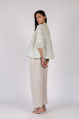 Floral Print Cotton Mandarin Collar Top