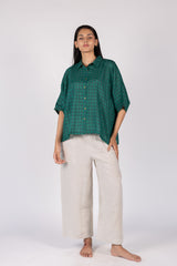 Green Cotton Silk Checkered Oversized Shirt Top