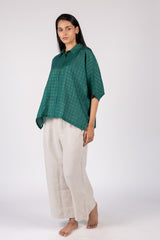 Green Cotton Silk Checkered Oversized Shirt Top