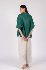 Green Cotton Silk Checkered Oversized Shirt Top
