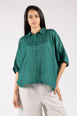 Green Cotton Silk Checkered Oversized Shirt Top