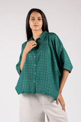 Green Cotton Silk Checkered Oversized Shirt Top
