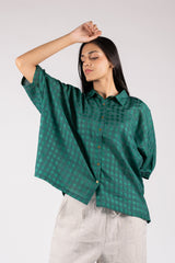 Green Cotton Silk Checkered Oversized Shirt Top