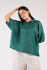 Green Cotton Silk Checkered Oversized Shirt Top