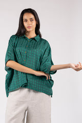 Green Cotton Silk Checkered Oversized Shirt Top