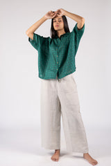 Green Cotton Silk Checkered Oversized Shirt Top