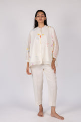 White Floral Digital Printed Chanderi Short Top