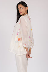 White Floral Digital Printed Chanderi Short Top