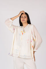 White Floral Digital Printed Chanderi Short Top