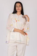 White Floral Digital Printed Chanderi Short Top