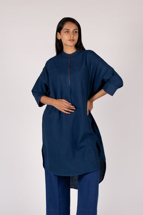 Blue Handloom Hand Embroidered Cotton Tunic
