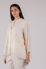 White Floral Digital Printed Chanderi Short Top