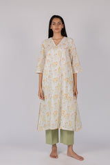 Orange Floral Hand-Block Printed Cotton Kurta