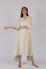 Orange Floral Hand-Block Printed Cotton Kurta