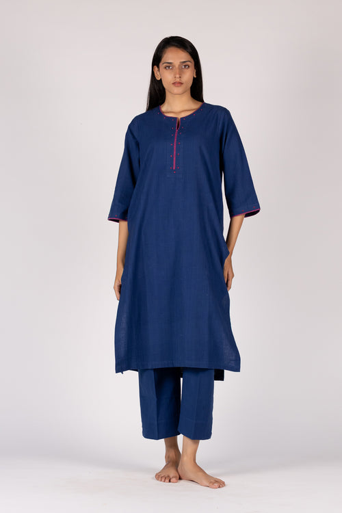 Blue Handloom Hand Embroidered Cotton Kurta