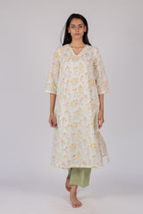 Orange Floral Hand-Block Printed Cotton Kurta
