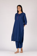 Blue Handloom Hand Embroidered Cotton Kurta