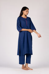 Blue Handloom Hand Embroidered Cotton Kurta