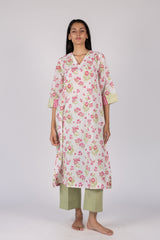Pink Floral Hand Block Printed Cotton Flared Kurta