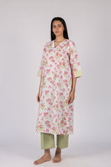 Pink Floral Hand Block Printed Cotton Flared Kurta