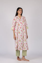 Pink Floral Hand Block Printed Cotton Flared Kurta