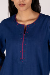 Blue Handloom Hand Embroidered Cotton Kurta