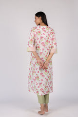 Pink Floral Hand Block Printed Cotton Flared Kurta