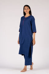 Blue Handloom Hand Embroidered Cotton Kurta