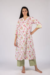 Pink Floral Hand Block Printed Cotton Flared Kurta