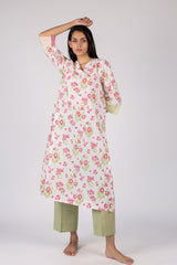 Pink Floral Hand Block Printed Cotton Flared Kurta