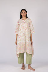 White Floral Printed Handcrafted Asymmetrical Flared Kurta