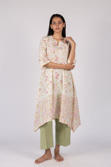 Off-White Floral Asymmetric Cotton Flared Kurta