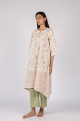 White Floral Printed Handcrafted Asymmetrical Flared Kurta