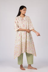 White Floral Printed Handcrafted Asymmetrical Flared Kurta