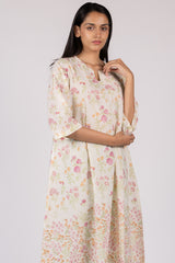 Off-White Floral Asymmetric Cotton Flared Kurta