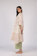 White Floral Printed Handcrafted Asymmetrical Flared Kurta