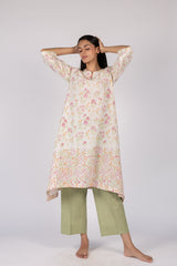 White Floral Printed Handcrafted Asymmetrical Flared Kurta
