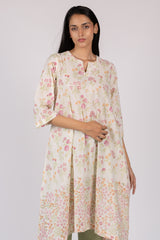 White Floral Printed Handcrafted Asymmetrical Flared Kurta
