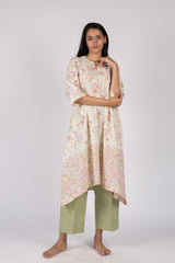 Off-White Floral Asymmetric Cotton Flared Kurta