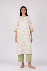 White Floral Print Cotton Straight-Cut Kurta