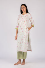 White Floral Print Cotton Straight-Cut Kurta