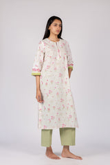White Floral Print Cotton Straight-Cut Kurta